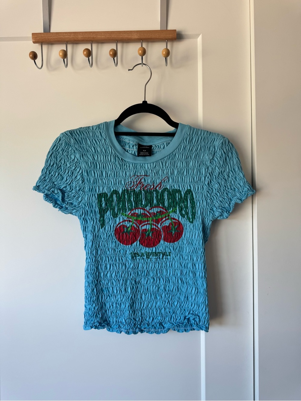 Blue Graphic Smocked Tee with Cherry Print